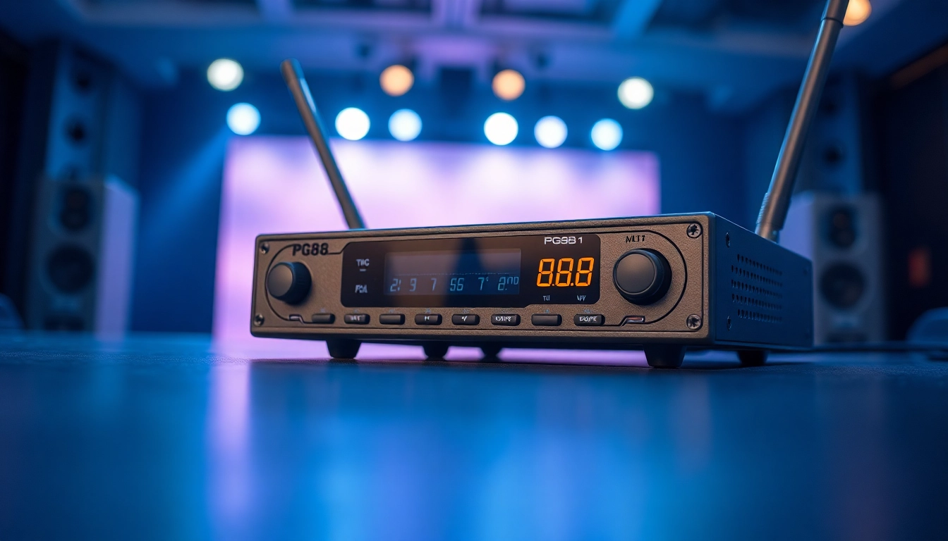 Detailed image of a PG88 wireless microphone receiver in a professional sound setup, showcasing its interface and antenna diversity features for live performances.