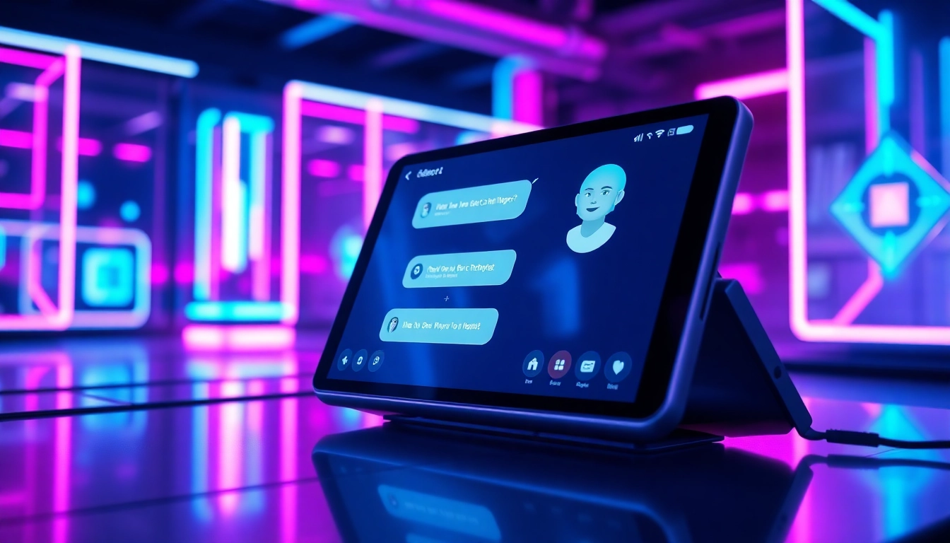 A futuristic AI chatbot interface on a sleek device with neon accents and holographic conversation bubbles.