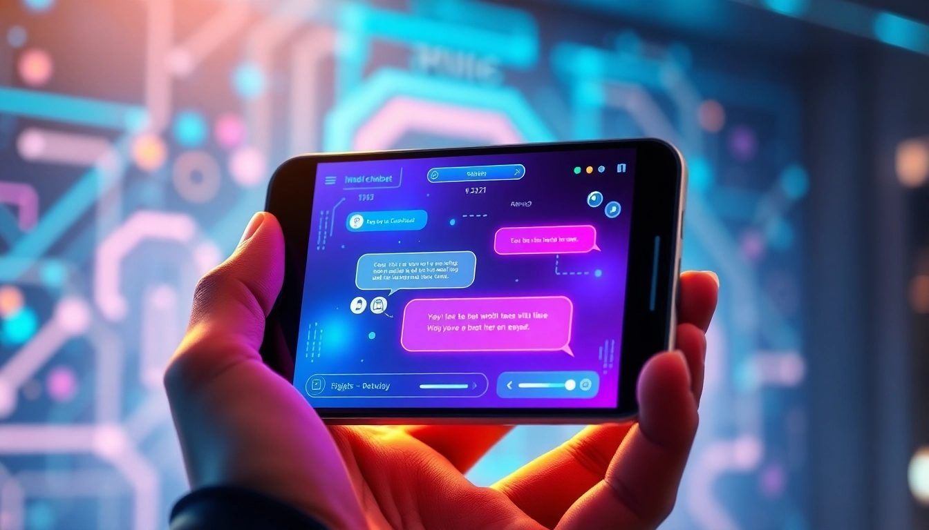 A futuristic AI chat interface on a sleek device screen with glowing speech bubbles and digital background.