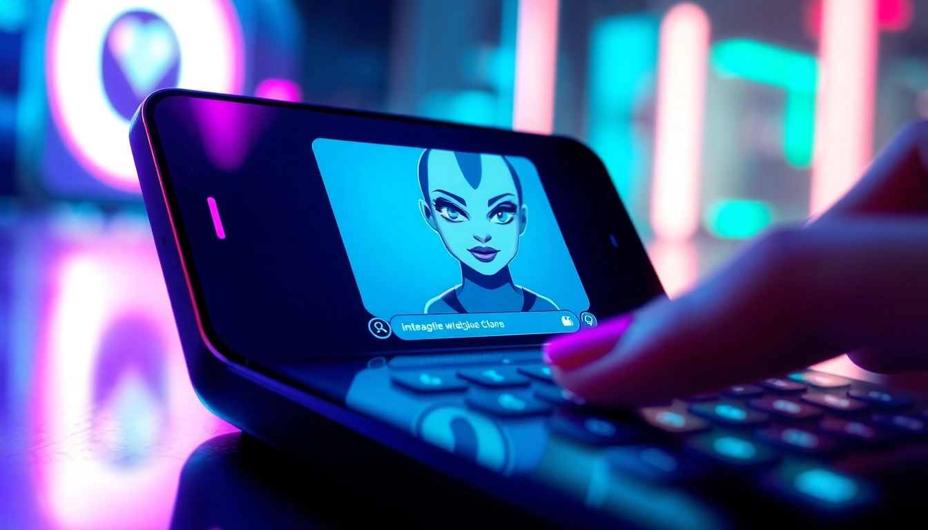 An advanced smartphone displaying a vibrant, futuristic AI chat interface with a captivating digital character on the screen, glowing with neon lights.