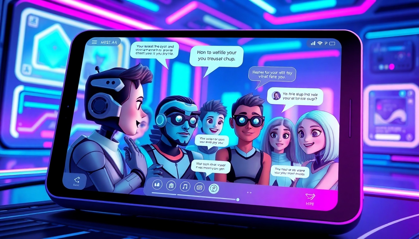 Futuristic digital illustration of AI characters engaging in a lively group chat on a modern device with neon accents.