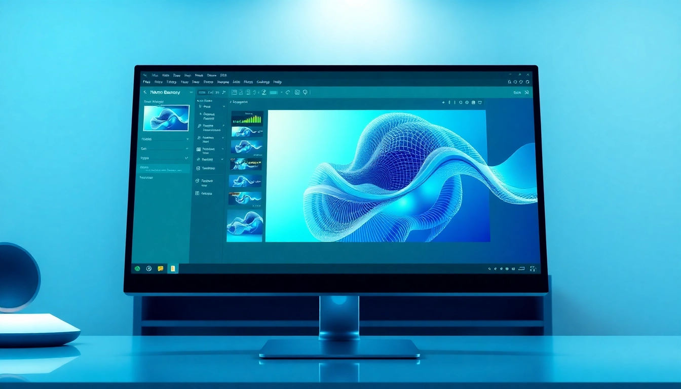 A high-tech computer screen displaying the Nano Banana AI interface with complex editing tools and realistic image previews.