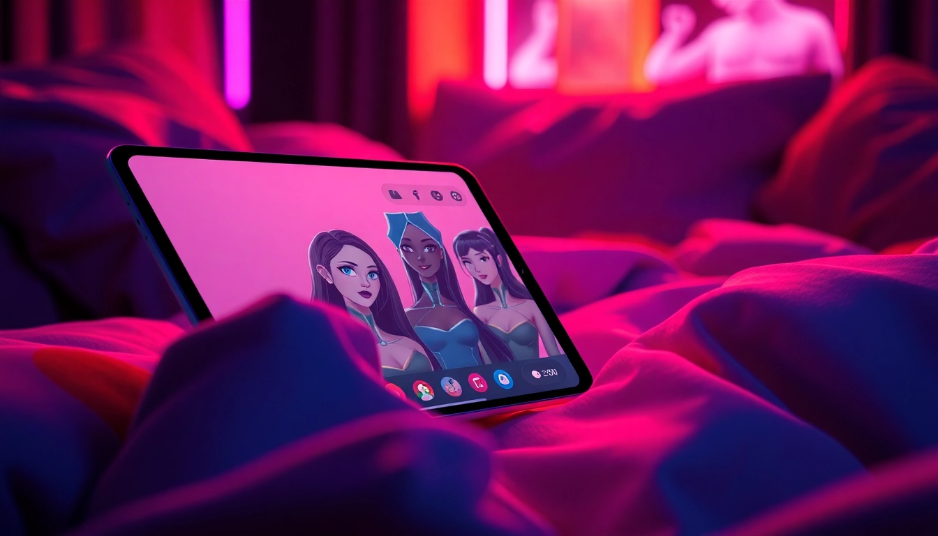 Digital illustration of a smartphone with flirtatious AI characters on screen in a cozy, neon-lit setting, evoking intimacy and modern technology.