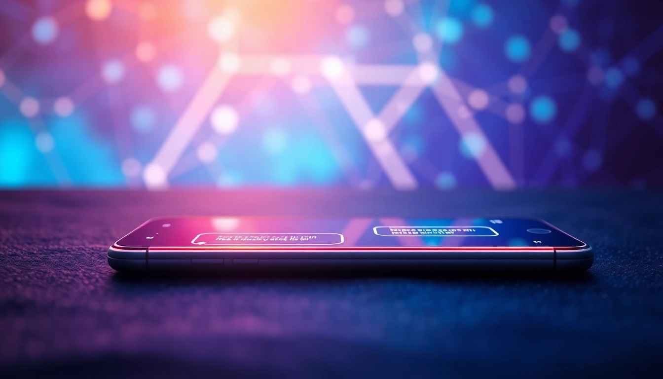 An illustration of a futuristic smartphone displaying AI chat bubbles in a high-tech environment with holographic elements and glowing text, emphasizing modern AI communication.