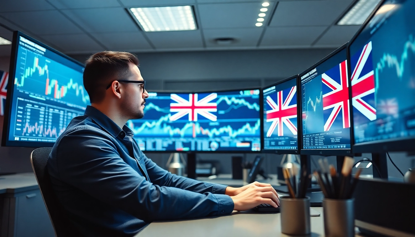 Online Stock Trading UK Professional trader analyzing stock charts on multiple screens in a